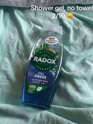 Shower gel was thoughtful, but not much good without a towel. Picture: TikTok/@livnightingale4