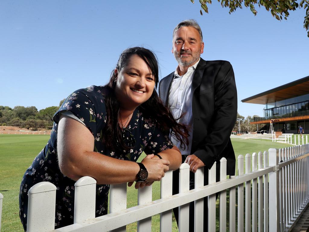 Former Australian women’s cricketer Karen Rolton and SACA chief executive Keith Bradshaw at the new complex. Picture: CALUM ROBERTON