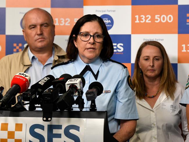 From left, NSW Minister for Police and Emergency Services David Elliott, NSW SES Commissioner Carlene York and Bureau of Meteorology State Manager Jane Golding speak to the media on Saturday as dangerous weather intensifies. Picture: AAP