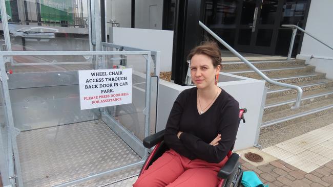 Disability advocate Tessa Deak has been left frustrated after, vandals deliberately ruined an expensive wheelchair lift a day after it had been installed. Picture: Arj Ganesan