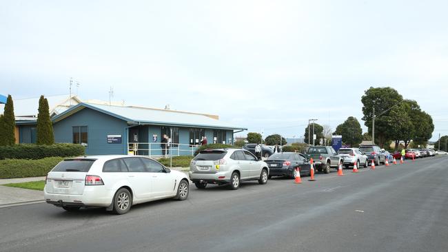 Queues for testing at Colac Area Health in Colac. Picture: Alan Barber