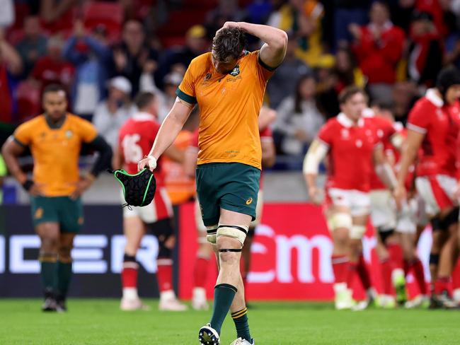 LYON, FRANCE – SEPTEMBER 24: Nick Frost of Australia looks dejected at full-time following the Rugby World Cup France 2023 match between Wales and Australia at Parc Olympique on September 24, 2023 in Lyon, France. (Photo by Alex Livesey/Getty Images)