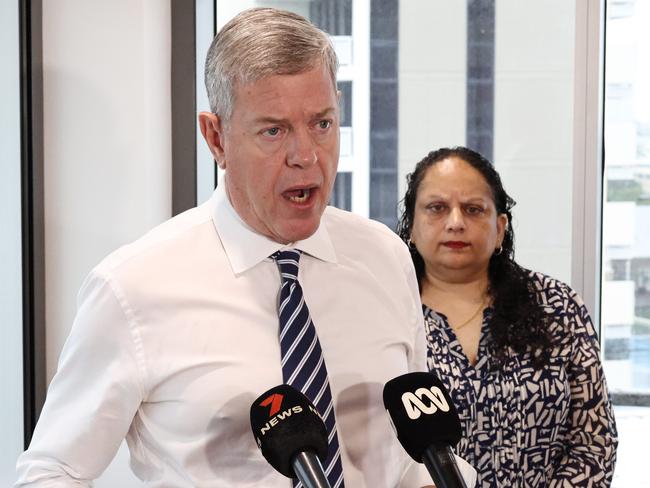 Queensland Health Minister Tim Nicholls held a press conference at the Cairns Hospital with Cairns and Hinterland Hospital and Health Service chief executive Leena Singh, after the state government declared hormone therapies for new gender diverse patients under 18 years old will be paused at public health facilities while a review into the practice is conducted. Picture: Brendan Radke