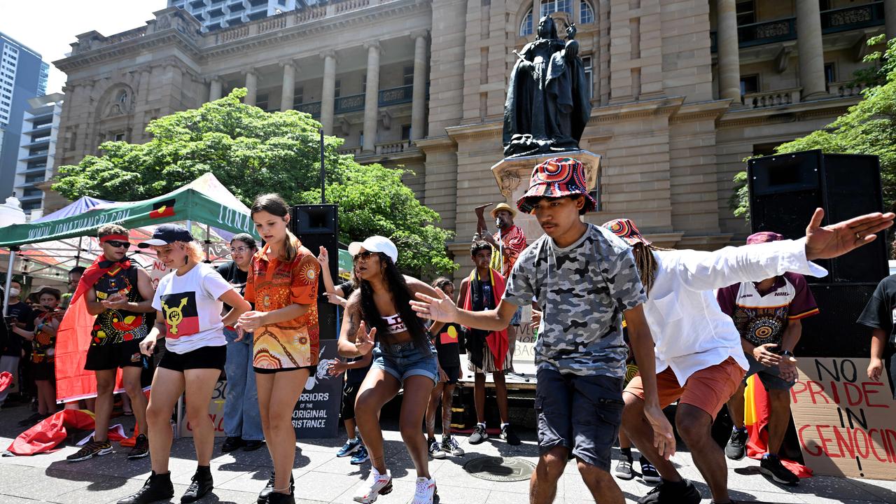 Protesters take part in an Invasion Day rally and march in Brisbane, coinciding with Australia Day. Picture: NCA Newswire / Dan Peled