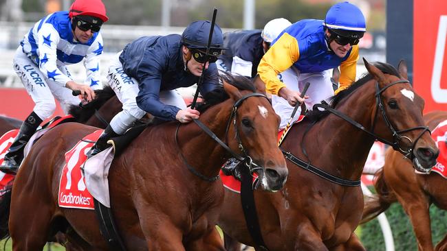 Cape Of Good Hope has a spot in the Cox Plate after winning the Caulfield Stakes and could be joined by Black Heart Bart. Picture: AAP