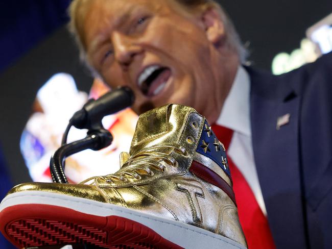 Donald Trump introducing his new line of signature shoes at Sneaker Con. Picture: AFP