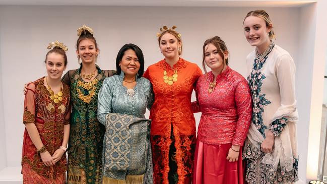 Mimi Thorpe (third from left) with students (from left) Lauri, Elena, Mia, Alice and Marlee in Indonesian traditional dress at Cardijn College on the occasion of the signing of the MoU partnership between Catholic Education SA and the Indonesian Consulate General in Sydney. Picture: Supplied