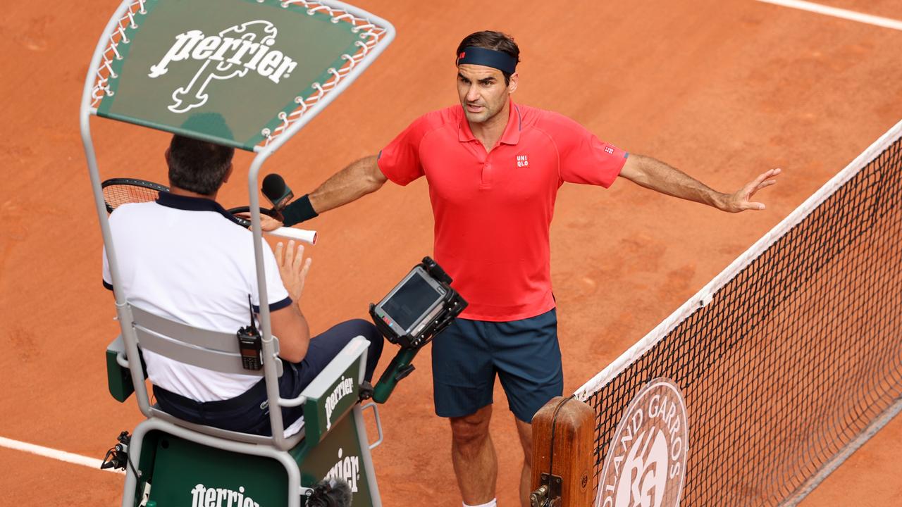 Roger Federer argues with the umpire during his second round match against Marin Cilic at Roland Garros on June 03, 2021 in Paris, France.Getty Images