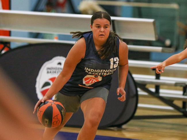 Jets young gun Kaylani Duggan-Cole in action for Damabila during the Indigenous Community Basketball League tournament at Marrara. Picture: Glenn Campbell