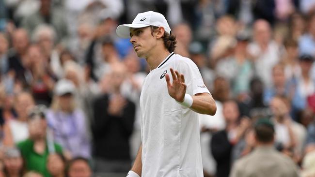 Alex de Minaur reacts after winning. Picture: AFP