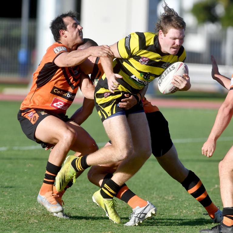 Townsville A grade Rugby League game between Centrals and Herbert River Crushers at Townsville Sports Reserve. Crushers Brendan Devietti and Centrals Jazz Spry. Picture: Evan Morgan