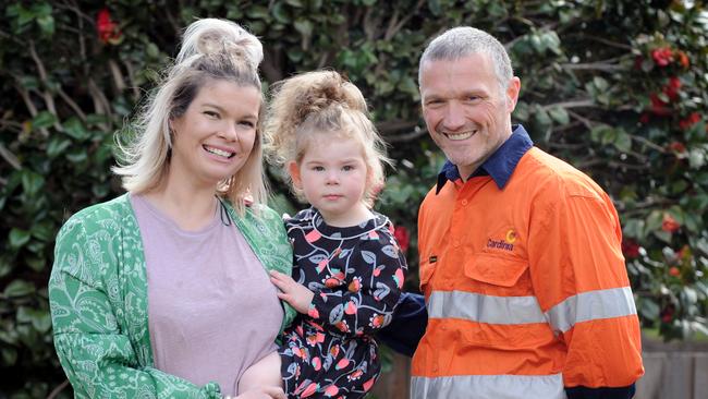 Chelsea Heights mum Chloe Tuff and her three-year-old daughter Amelia and hero Scott Walker. Picture: Andrew Henshaw