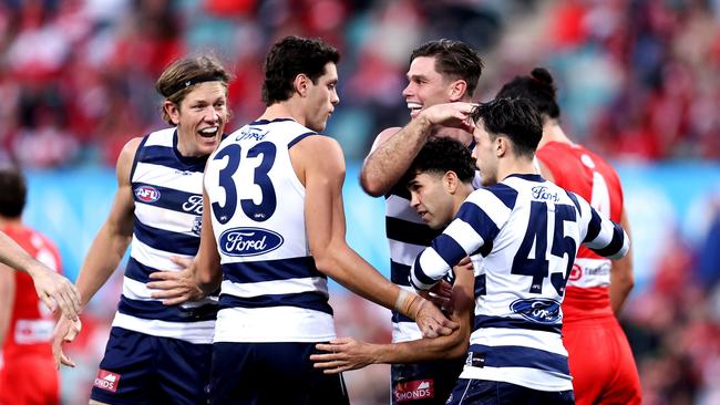 Tyson Stengle is mobbed by teammates after a goal. Picture: Brendon Thorne/AFL Photos/via Getty Images