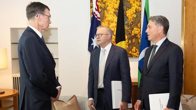 Prime Minister Anthony Albanese and Deputy Prime Minister Richard Marles receive the Defence Strategic Review from Sir Angus Houston. Picture: NCA NewsWire / Gary Ramage
