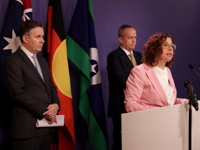 Federal (L-R) Minister for Health and Aged Care Mark Butler, Federal Minister for the National Disability Insurance Scheme Bill Shorten and  Federal Minister for Social Services Amanda Rishworth speak to media during a press conference in Sydney, Wednesday, July 31, 2024. Months after a disability royal commission released its watershed report, the federal government will deliver its much-anticipated response. (AAP Image/Jane Dempster) NO ARCHIVING