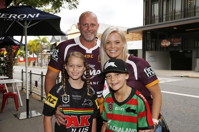 Wayne and Beth Bennett with Lily Bennett, 9, and Henry Bennett, 9 pictured at the Broncos v Rabbitohs, round 1, on Caxton Street, Brisbane 11th of March 2022. This is the first game for the BroncosÃ• season.