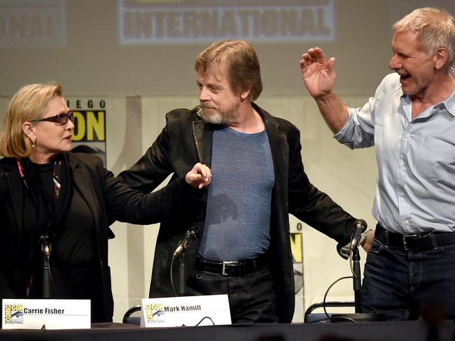 Carrie Fisher, Mark Hamill and Harrison Ford reunite at Comic-Con International 2015. Picture: AFP/Getty Images North America/Kevin Winter