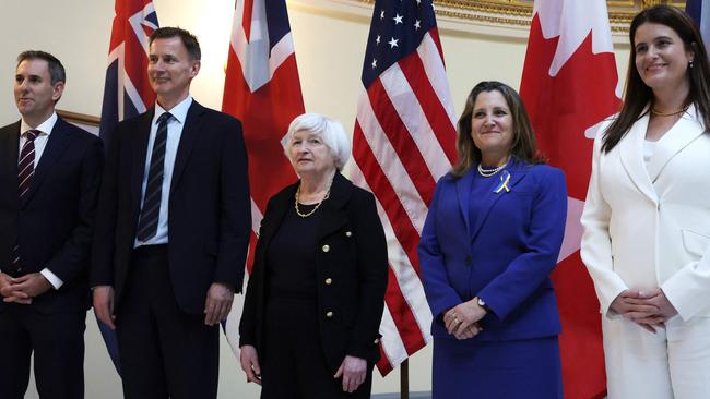 Treasurer Jim Chalmers, Britain’s Chancellor of the Exchequer Jeremy Hunt, US Secretary of the Treasury Janet Yellen, Canadian Deputy Prime Minister and Finance Minister Chrystia Freeland, and New Zealand’s Finance Minister Nicola Willis after a meeting of the Five Eyes Finance Ministers at the Treasury Department on Thursday in Washington, DC. Picture: AFP