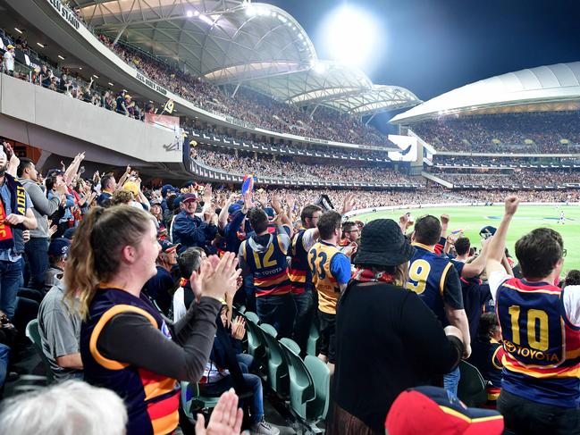 Back in 2017: A huge crowd of 53,817 turns out to see the Crows beat Geelong in the preliminary final to advance to their first grand final since 1998. Picture: Bianca De Marchi