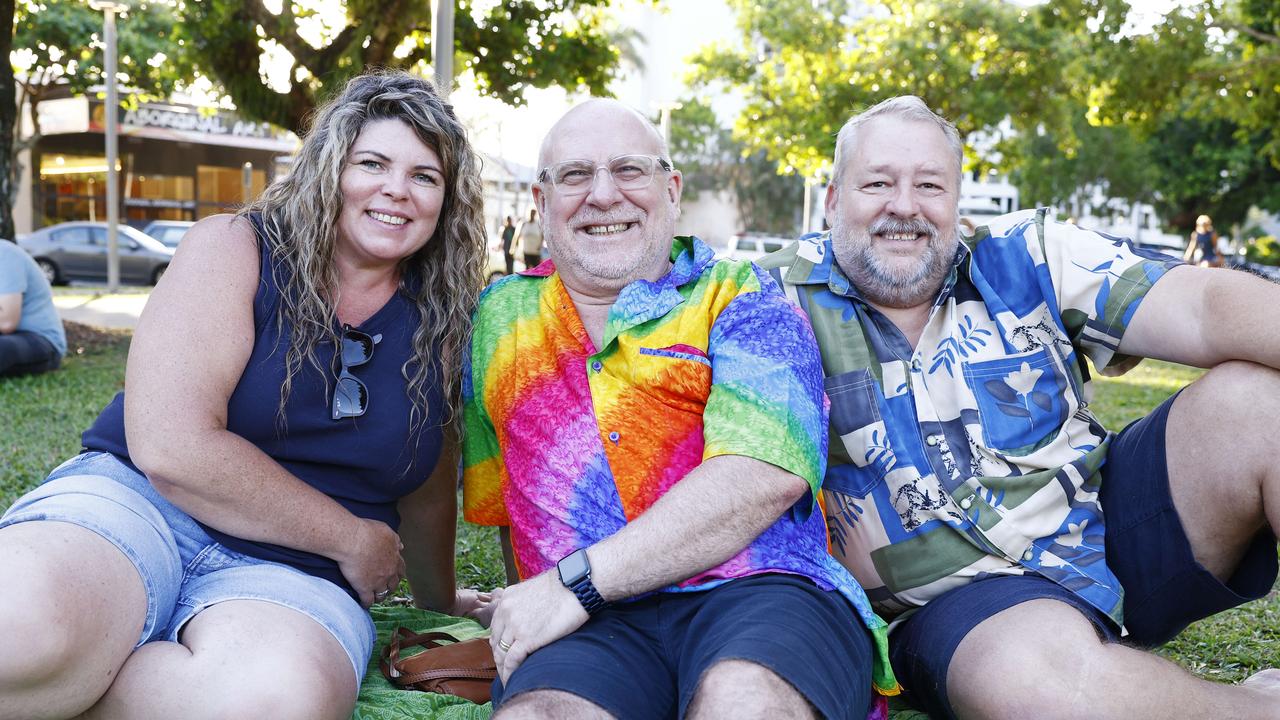 Kylie O'Neil, Stephen Olivero and Mark Williams at the Cairns Pride Evening of Light at Forgarty Park on Sunday, part the 2023 Cairns Pride Festival. Picture: Brendan Radke