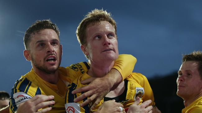 Matt Simon of the Central Coast Mariners celebrates a goal during the round 14 A-League match between the Central Coast Mariners and the Melbourne Victory at Central Coast Stadium on January 12. (Photo by Tony Feder/Getty Images)