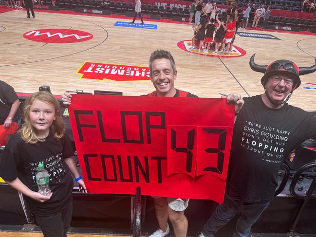 Illawarra Hawks fan Cameron De Jong came prepared for their favourite Melbourne United target, Chris Goulding. Picture: Supplied