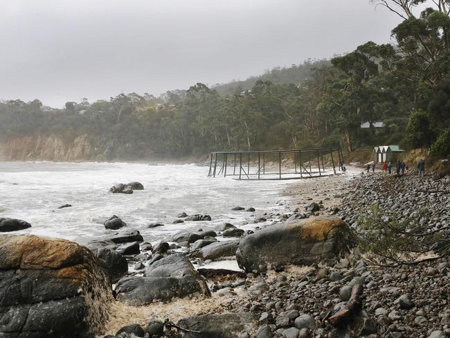 A salmon farm pen, washed up in Taroona during the flood. Picture: MATHEW FARRELL