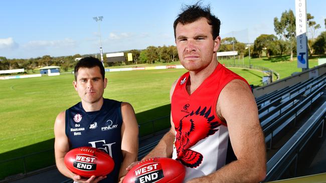 Noarlunga FC Captain Tom Caudle and Flagstaff Hill FC Captain Michael Shearer ahead of Saturday’s SFL grand final. Picture: AAP/ Keryn Stevens