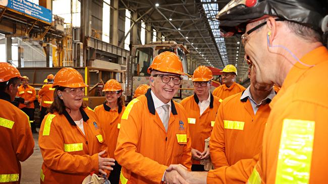 Prime Minister Anthony Albanese speaking to workers at Tomago Aluminium last week. Picture: Adam Yip/NewsWire