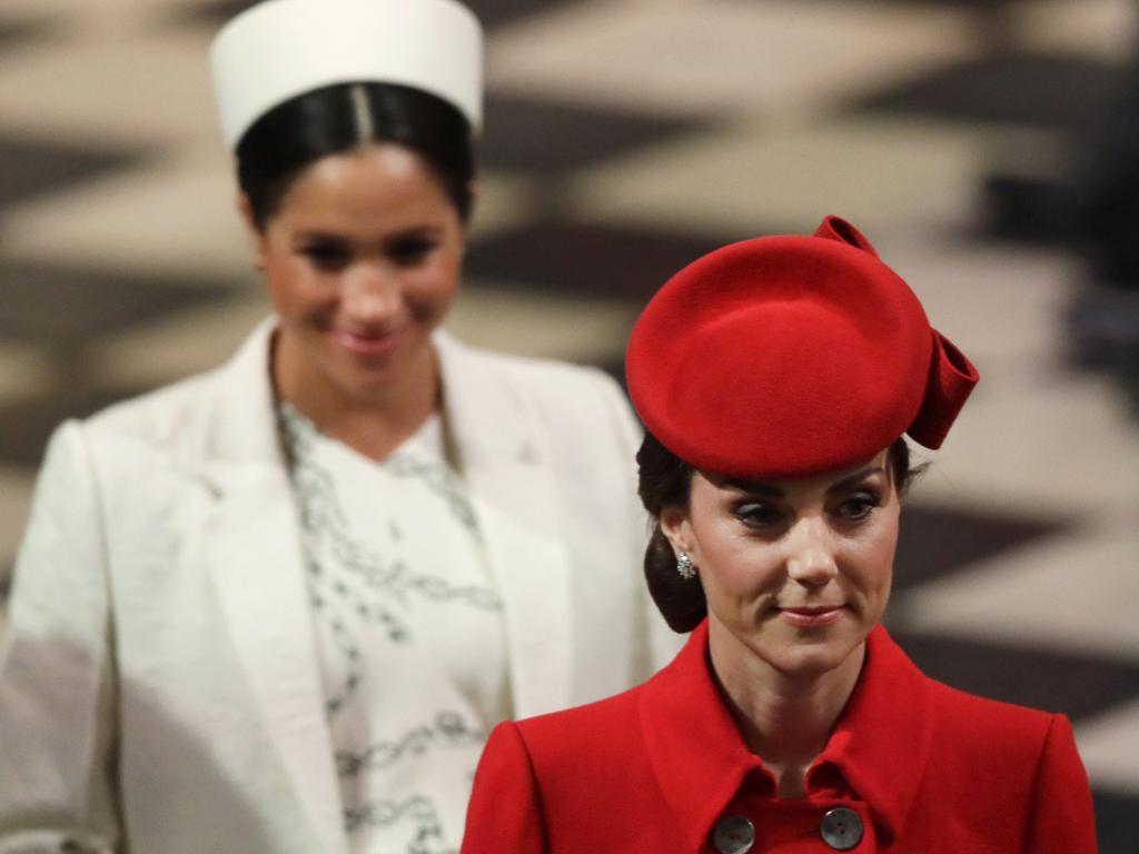 Catherine Duchess of Cambridge and Meghan Duchess of Sussex leave after attending the Commonwealth Service at Westminster Abbey all smiles. Picture: WPA Pool/Getty Images