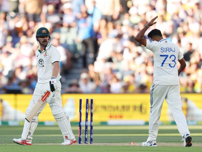 Mohammed Siraj makes sure Travis Head sees his celebration after dismissing the Australian for 140. Picture: Getty Images