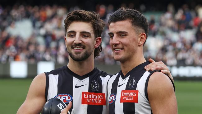 Nick and Josh Daicos enjoy another Magpie win together. Picture: Michael Klein.