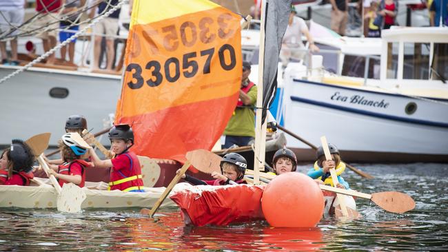 Kids take part in the Quick and Dirty Boat Race at the 2019 Australian Wooden Boat festival. Picture: Richard Jupe