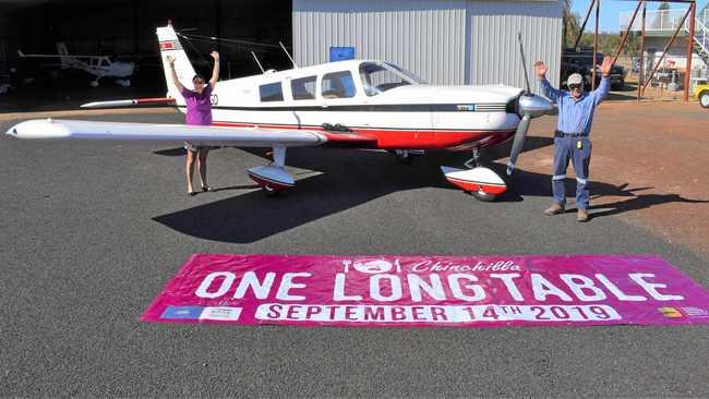 SOARING IN: Gaye Smith from the Chinchilla Community Commerce and Industry Inc. and Aero Club president John Dingley are gearing up for next weekend's One Long Table event. Picture: Kate McCormack