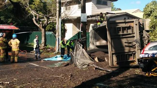 A truck driver was trapped in his truck after veering off the road. Picture: Barclays Cafe, Facebook