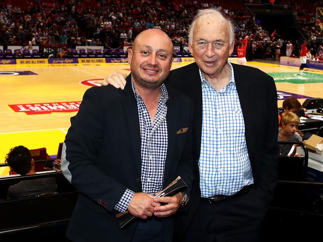 SYDNEY, AUSTRALIA - NOVEMBER 05: NBL owner Larry Kestelman and Jack Cowin the owner of Hungry Jack's pose courtside during halftime break of the round five NBL match between the Sydney Kings and the Illawarra Hawks at Qudos Bank Arena on November 5, 2017 in Sydney, Australia. (Photo by Mark Kolbe/Getty Images)