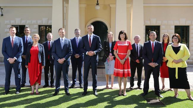 The new team, the full Cabinet of the new Labor government in South Australia. (left to right back row) Blair Boyer, Nicholas Champion, Christopher Picton, Emily Bourke, Geoff Brock, Rhiannon Pearce, (left to right, front) Joseph Szakacs, Clare Scriven, Stephen Mullighan, Peter Malinauskas, Susan Close, Tom Koutsantonis and Zoe Bettison. Picture: NCA NewsWire/DEAN MARTIN