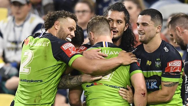 TOWNSVILLE, AUSTRALIA - APRIL 24:  George Williams of the Raiders celebrates after scoring a try  during the round seven NRL match between the North Queensland Cowboys and the Canberra Raiders at QCB Stadium, on April 24, 2021, in Townsville, Australia. (Photo by Ian Hitchcock/Getty Images)