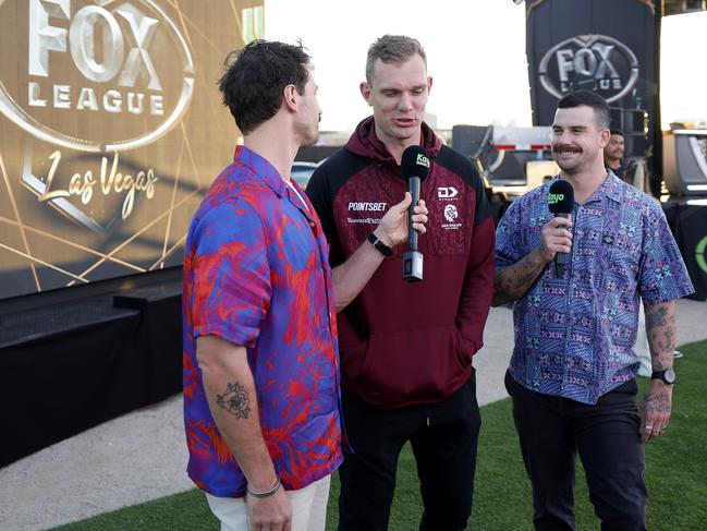 Tom Trbojevic is interviewed at Fox League's NRL Las Vegas Launch. Picture: Ezra Shaw/Getty Images