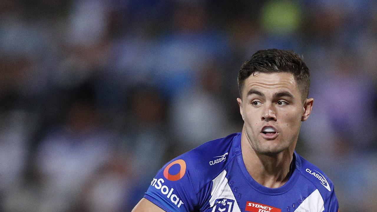 SYDNEY, AUSTRALIA – APRIL 24: Kyle Flanagan of the Bulldogs runs the ball during the round seven NRL match between the Cronulla Sharks and the Canterbury Bulldogs at Netstrata Jubilee Stadium, on April 24, 2021 in Sydney, Australia. (Photo by Jason McCawley/Getty Images)