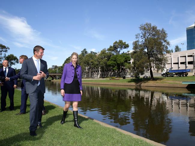 Former Premier Mike Baird and Powerhouse director Dolla Merrillees examine the Parramatta site.