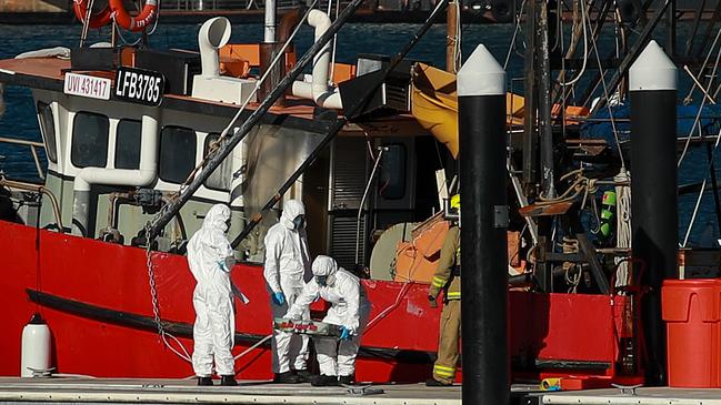 Bomb Squad detectives searched the boat after it arrived in Sydney. Picture: Justin Lloyd