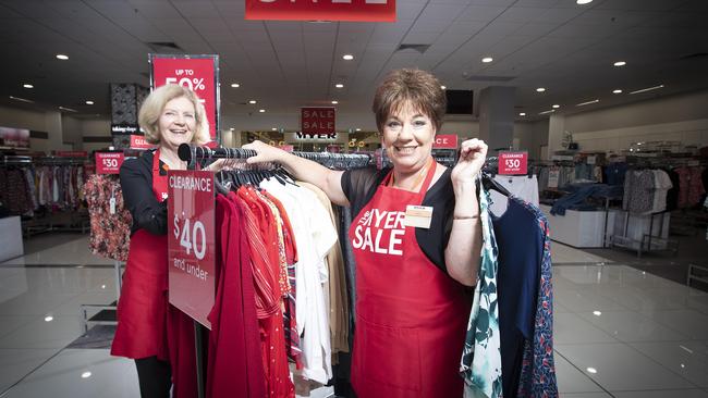 Myer's staff Sheridan Lendrum and Aniela Harris. Picture: Luke Bowden.