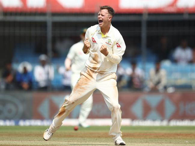 Matthew Kuhnemann celebrates taking the wicket of India’s Virat Kohli in March, 2023. Picture: Robert Cianflone/Getty Images