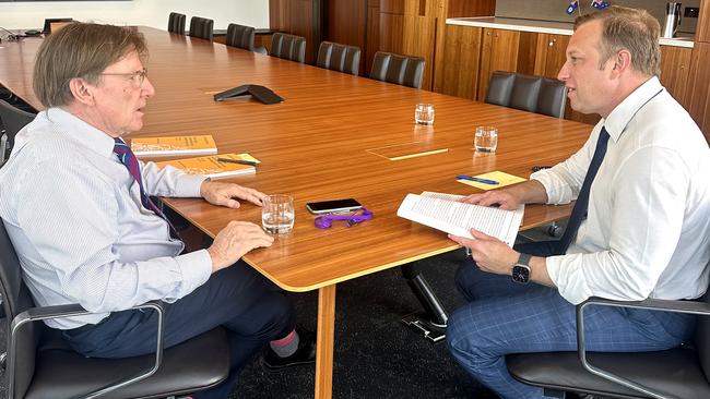 Peter Coaldrake (left) meets with Premier Steven Miles.