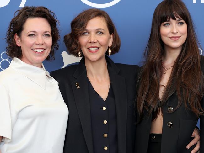 Maggie Gyllenhaal (centre) with her The Lost Daughter stars Olivia Colman and Dakota Johnson in Venice. Picture: Netflix