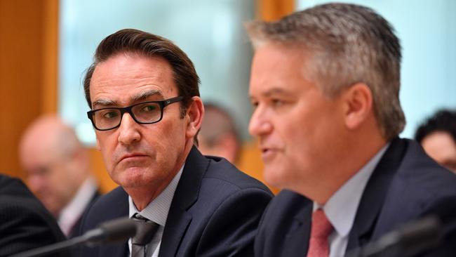 Secretary to the Treasury, Dr Steven Kennedy, and Minister for Finance Mathias Cormann at a Senate Estimates hearing at Parliament House in Canberra last year. Picture: AAP Image/Mick Tsikas