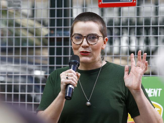 Greens MP Amy McMahon speaks as protesters gather outside Parliament House in Brisbane during a protest against the Brisbane Olympics Games, late last year. Picture: NCA NewsWire/Tertius Pickard