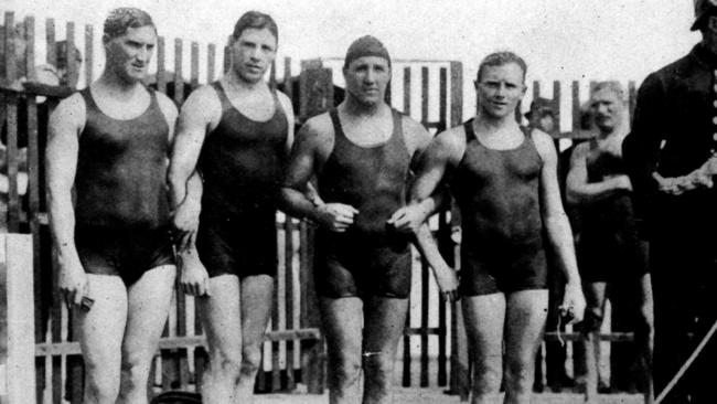 Australasia's 4 x 200 gold medal-winning relay team at the 1912 Olympic Games in Stockholm. From left: Malcolm Champion (NZ), Harold Hardwick, Cecil Healy and Leslie Boardman