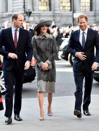 LONDON, ENGLAND - MARCH 14: (L-R) Prince William, Duke of Cambridge, Catherine, Duchess of Cambridge and Prince Harry attend the Commonwealth Observance Day Service on March 14, 2016 in London, United Kingdom. The service is the largest annual inter-faith gathering in the United Kingdom and will celebrate the Queen's 90th birthday. Kofi Annan and Ellie Goulding will take part in the service. (Photo by Gareth Cattermole/Getty Images)